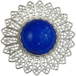 Mid Century Filigree Brooch Silver Tone Domed Blue Glass Cabochon Floral Pin